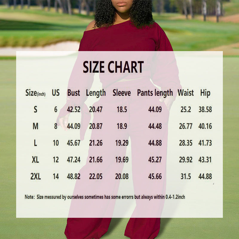 Women's One-Shoulder Casual Set - Solid Color Long Sleeve Top & Elastic Waist Pants With Drawstring & Pockets For Spring & Fall