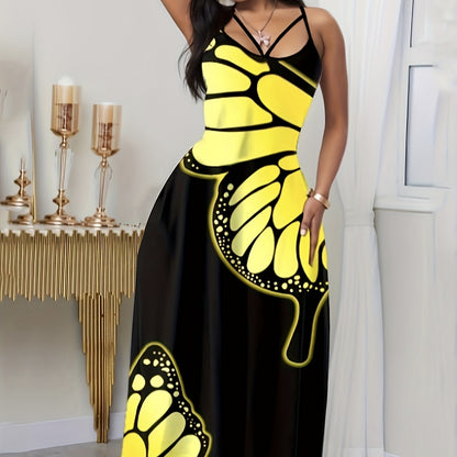 Ladies' V-neck Fashionable Butterfly Print Black Long Skirt Dress