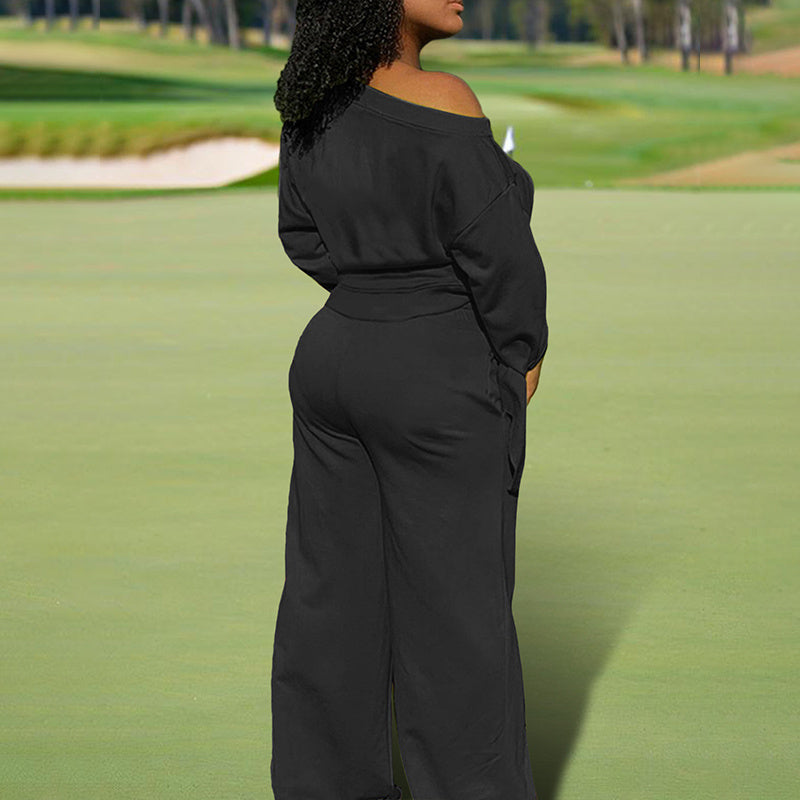 Women's One-Shoulder Casual Set - Solid Color Long Sleeve Top & Elastic Waist Pants With Drawstring & Pockets For Spring & Fall
