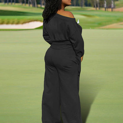 Women's One-Shoulder Casual Set - Solid Color Long Sleeve Top & Elastic Waist Pants With Drawstring & Pockets For Spring & Fall