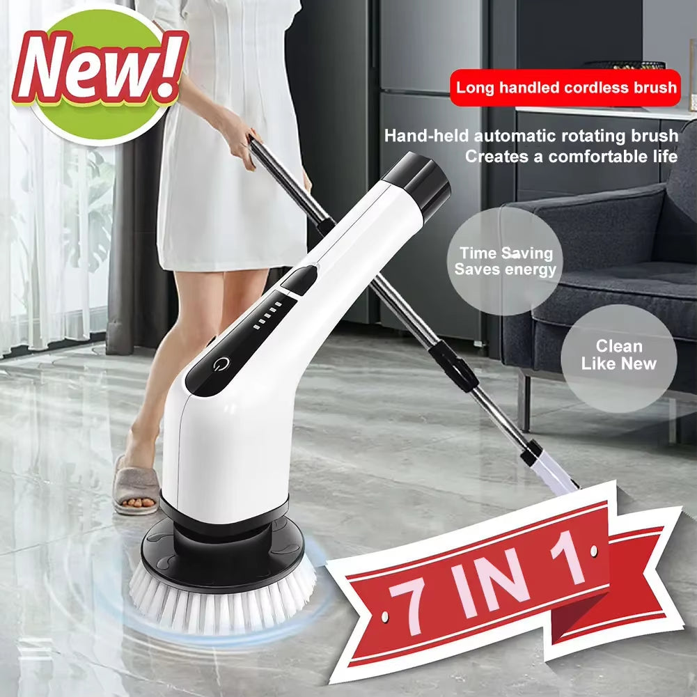 Cordless Power Scrubber 7 in 1 Multipurpose Electric Spin Cleaner with 8 Replacement Brush Heads Rotatable for Bathroom Tub Tile